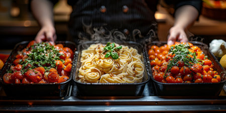 Classic Pasta on kitchen background. Diet and food concept.の素材