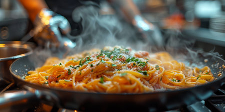 Classic Pasta on kitchen background. Diet and food concept.の素材
