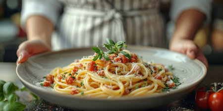 Classic Pasta on kitchen background. Diet and food concept.の素材