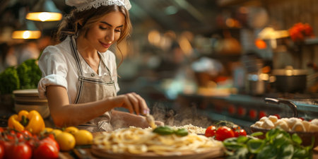 Classic Pasta on kitchen background. Diet and food concept.の素材