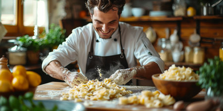 Classic Pasta on kitchen background. Diet and food concept.の素材