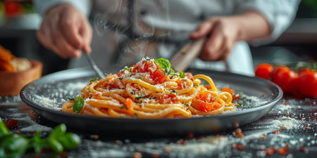 Classic Pasta on kitchen background. Diet and food concept.の素材