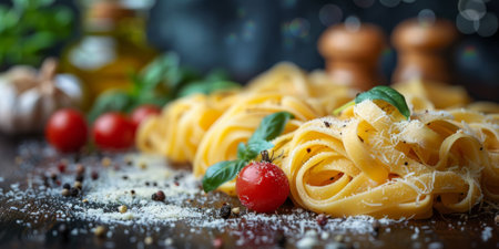 Classic Pasta on kitchen background. Diet and food concept.の素材