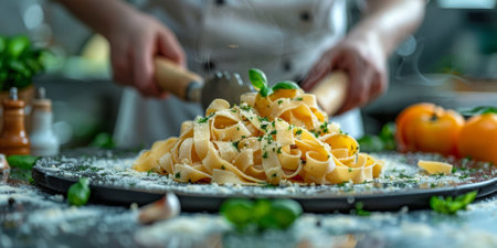 Classic Pasta on kitchen background. Diet and food concept.の素材
