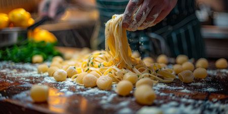 Classic Pasta on kitchen background. Diet and food concept.の素材