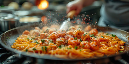 Classic Pasta on kitchen background. Diet and food concept.の素材