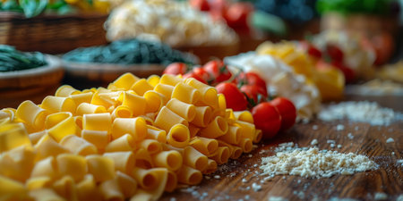 Classic Pasta on kitchen background. Diet and food concept.の素材