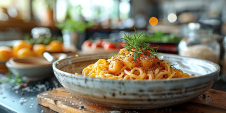 Classic Pasta on kitchen background. Diet and food concept.の素材