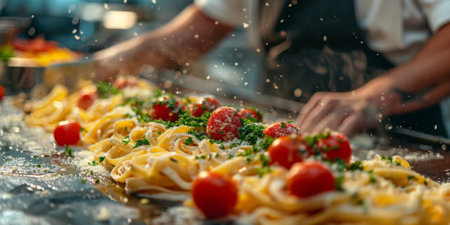 Closeup of process of making cooking homemade pasta. Chef make fresh italian traditional pastaの素材