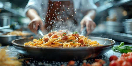 Closeup of process of making cooking homemade pasta. Chef make fresh italian traditional pastaの素材