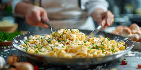 Closeup of process of making cooking homemade pasta. Chef make fresh italian traditional pastaの素材