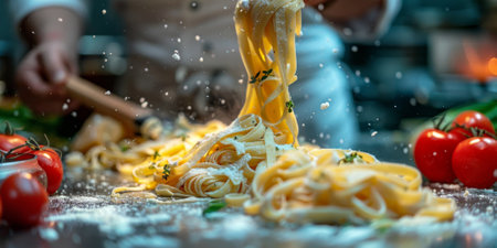Closeup of process of making cooking homemade pasta. Chef make fresh italian traditional pastaの素材