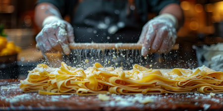 Closeup of process of making cooking homemade pasta. Chef make fresh italian traditional pastaの素材