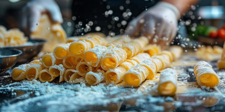 Closeup of process of making cooking homemade pasta. Chef make fresh italian traditional pastaの素材
