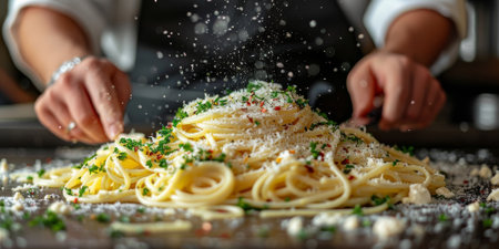 Closeup of process of making cooking homemade pasta. Chef make fresh italian traditional pastaの素材