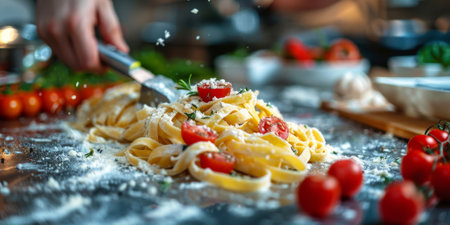 Closeup of process of making cooking homemade pasta. Chef make fresh italian traditional pastaの素材