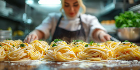 Closeup of process of making cooking homemade pasta. Chef make fresh italian traditional pastaの素材