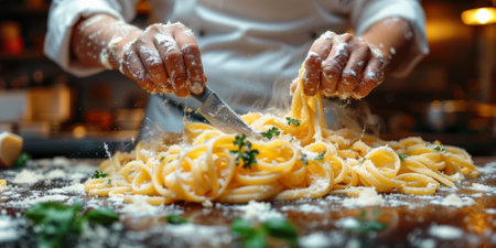 Closeup of process of making cooking homemade pasta. Chef make fresh italian traditional pastaの素材
