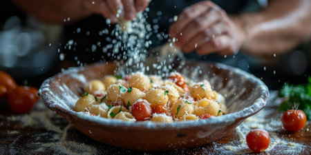 Closeup of process of making cooking homemade pasta. Chef make fresh italian traditional pastaの素材