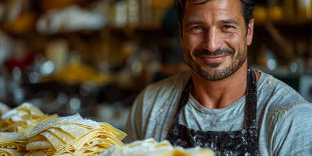 Closeup of process of making cooking homemade pasta. Chef make fresh italian traditional pastaの素材