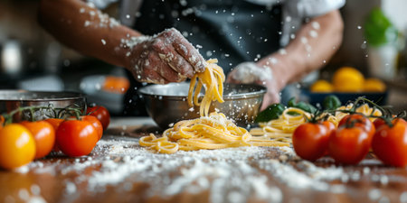 Closeup of process of making cooking homemade pasta. Chef make fresh italian traditional pastaの素材