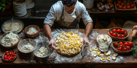 Closeup of process of making cooking homemade pasta. Chef make fresh italian traditional pastaの素材