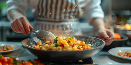 Closeup of process of making cooking homemade pasta. Chef make fresh italian traditional pastaの素材