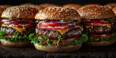 burger with tomato lettuce and pickles on a wooden table.の素材