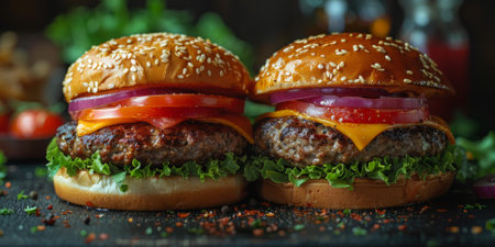 burger with tomato lettuce and pickles on a wooden table.の素材