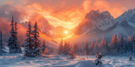 Beautiful winter nature landscape, amazing mountain view. Scenic image of woodland. Frosty day on ski resortの素材