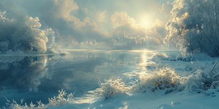 Beautiful winter nature landscape, amazing mountain view. Scenic image of woodland. Frosty day on ski resortの素材