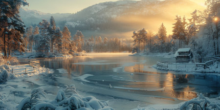 Beautiful winter nature landscape, amazing mountain view. Scenic image of woodland. Frosty day on ski resortの素材