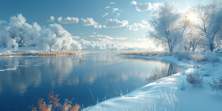 Beautiful winter nature landscape, amazing mountain view. Scenic image of woodland. Frosty day on ski resortの素材