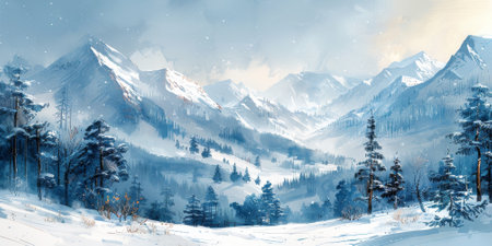 Beautiful winter nature landscape, amazing mountain view. Scenic image of woodland. Frosty day on ski resortの素材