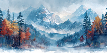 Beautiful winter nature landscape, amazing mountain view. Scenic image of woodland. Frosty day on ski resortの素材