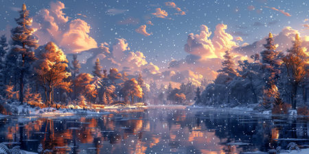 Beautiful winter nature landscape, amazing mountain view. Scenic image of woodland. Frosty day on ski resortの素材