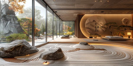 View from interior with zen inspired style inside on japanese garden house.の素材