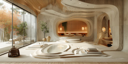 View from interior with zen inspired style inside on japanese garden house.の素材