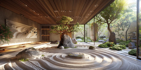 View from interior with zen inspired style inside on japanese garden house.の素材