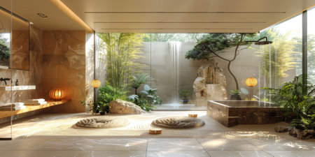 View from interior with zen inspired style inside on japanese garden house.の素材