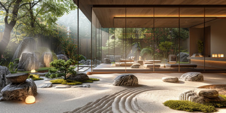 View from interior with zen inspired style inside on japanese garden house.の素材