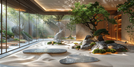View from interior with zen inspired style inside on japanese garden house.の素材