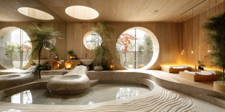 View from interior with zen inspired style inside on japanese garden house.の素材
