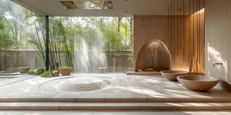 View from interior with zen inspired style inside on japanese garden house.の素材