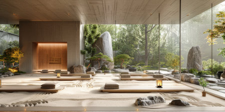 View from interior with zen inspired style inside on japanese garden house.の素材