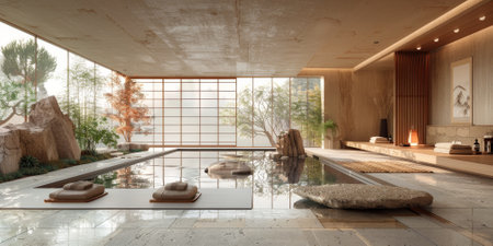 View from interior with zen inspired style inside on japanese garden house.の素材