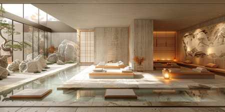 View from interior with zen inspired style inside on japanese garden house.の素材