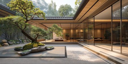 View from interior with zen inspired style inside on japanese garden house.の素材