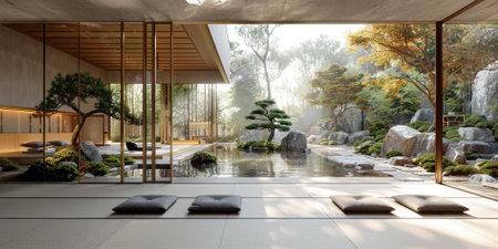 View from interior with zen inspired style inside on japanese garden house.の素材