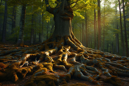 The sprawling roots of an ancient treeの素材